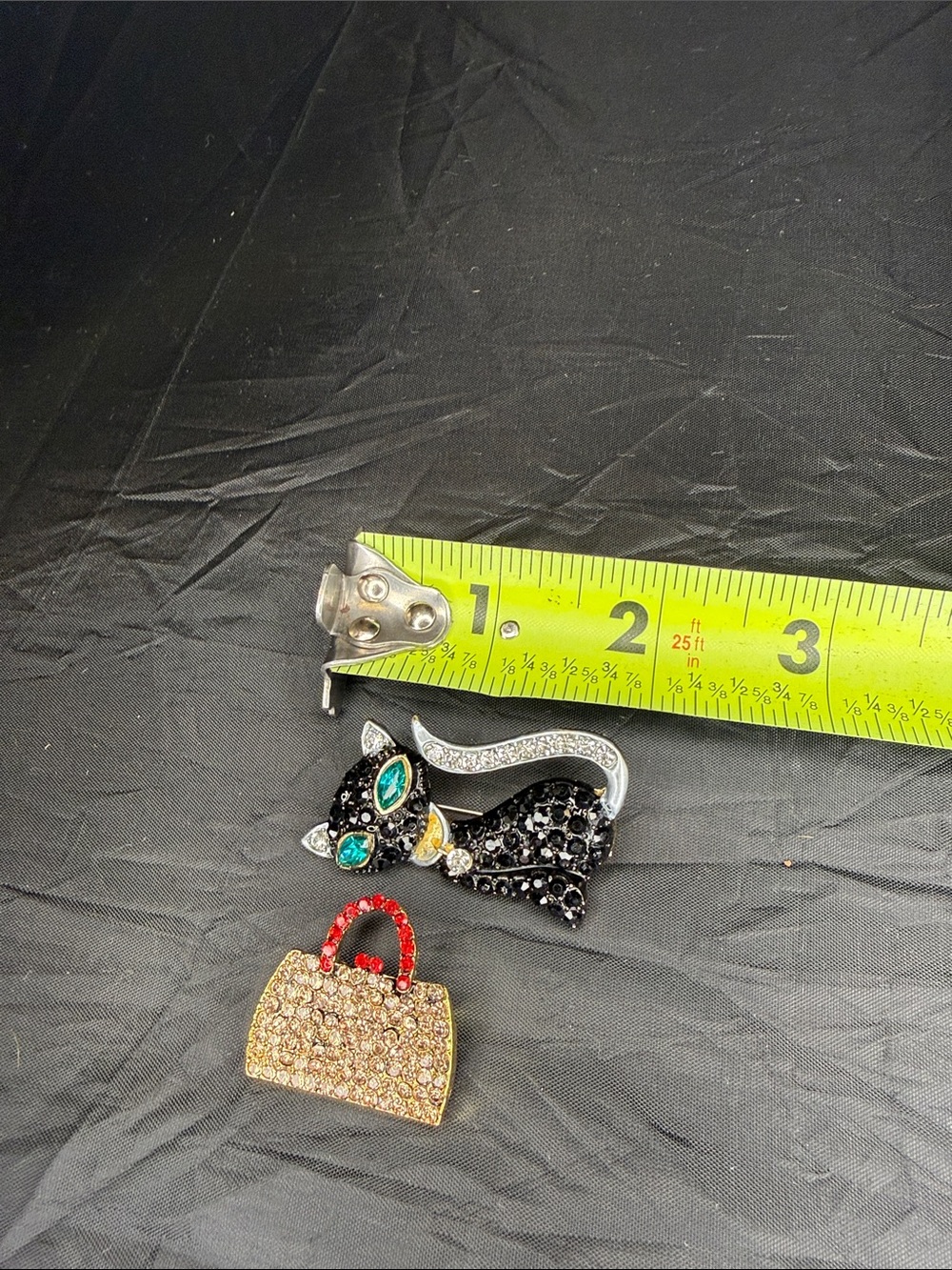 Black Crystal Cat Brooch with Teal Eyes and Gold Handbag Accent